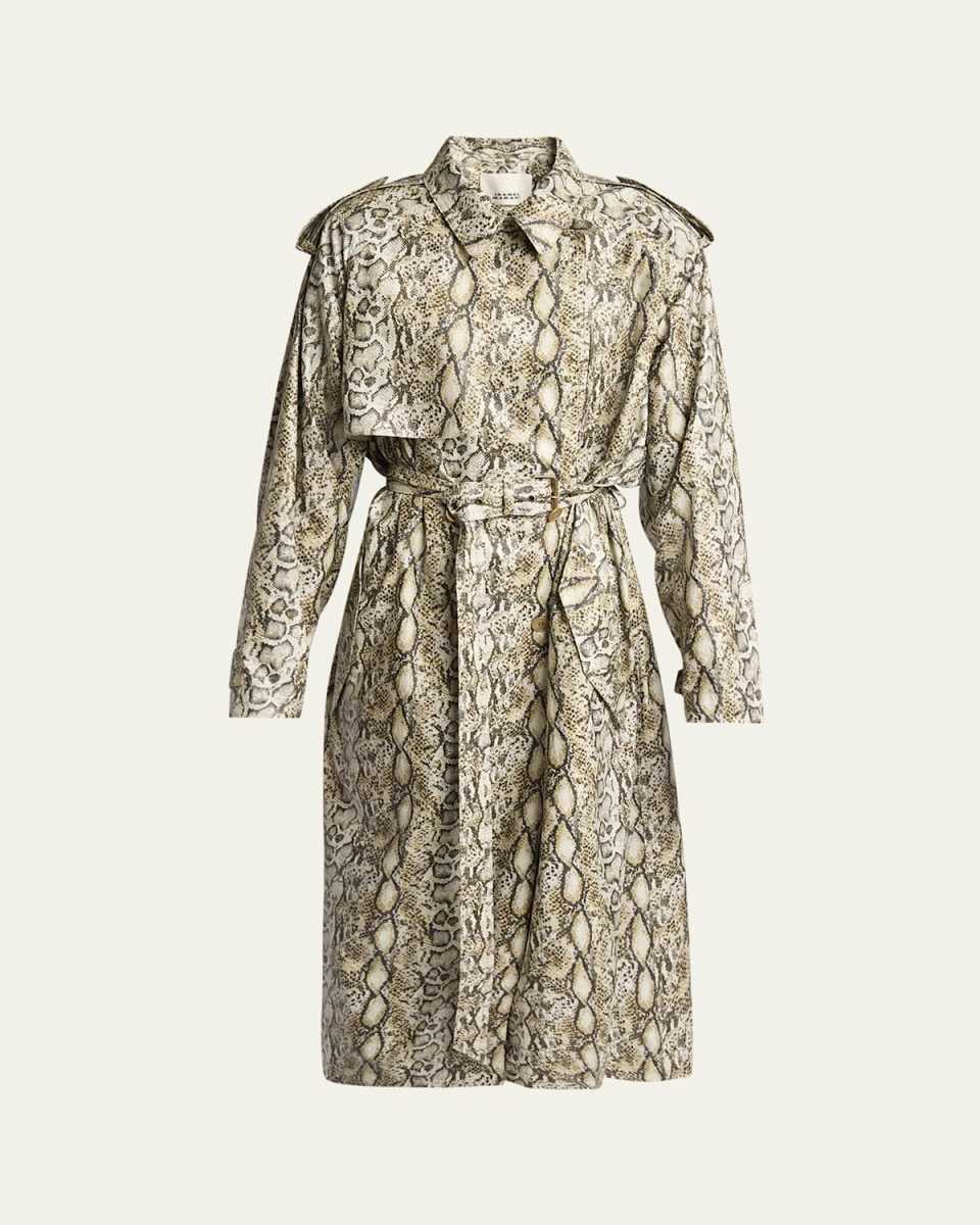 Freanne Snakeskin-Print Linen Belted Trench Coat